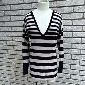 Mexx Black and Cream Deep V-Neck Striped Sweater Long Length Sz L